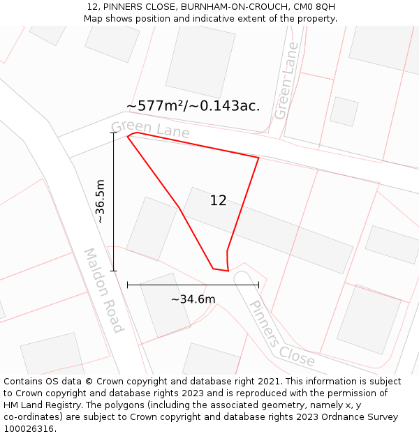 12, PINNERS CLOSE, BURNHAM-ON-CROUCH, CM0 8QH: Plot and title map