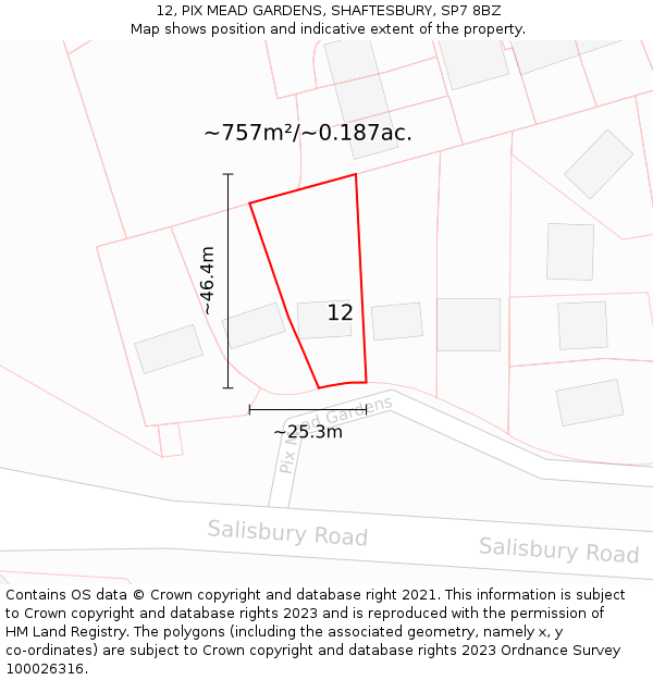 12, PIX MEAD GARDENS, SHAFTESBURY, SP7 8BZ: Plot and title map