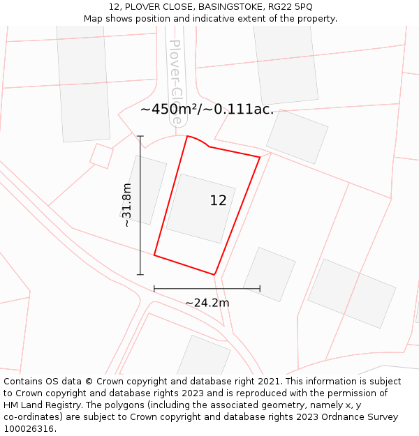 12, PLOVER CLOSE, BASINGSTOKE, RG22 5PQ: Plot and title map