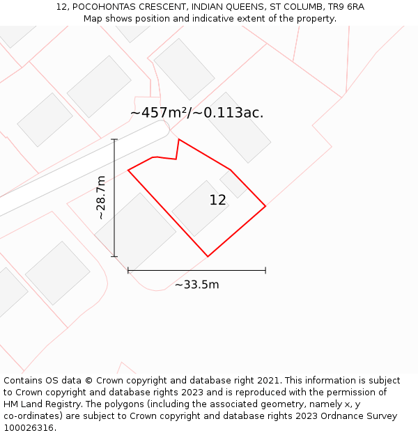12, POCOHONTAS CRESCENT, INDIAN QUEENS, ST COLUMB, TR9 6RA: Plot and title map