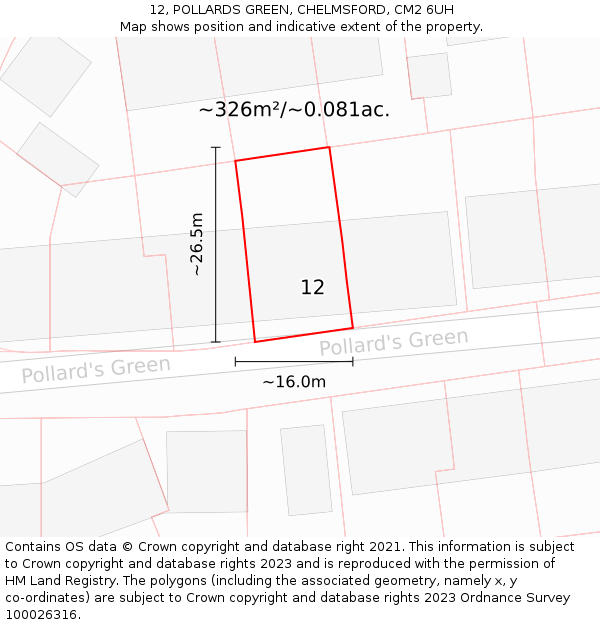 12, POLLARDS GREEN, CHELMSFORD, CM2 6UH: Plot and title map