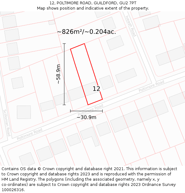 12, POLTIMORE ROAD, GUILDFORD, GU2 7PT: Plot and title map