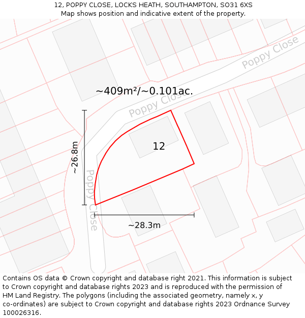 12, POPPY CLOSE, LOCKS HEATH, SOUTHAMPTON, SO31 6XS: Plot and title map