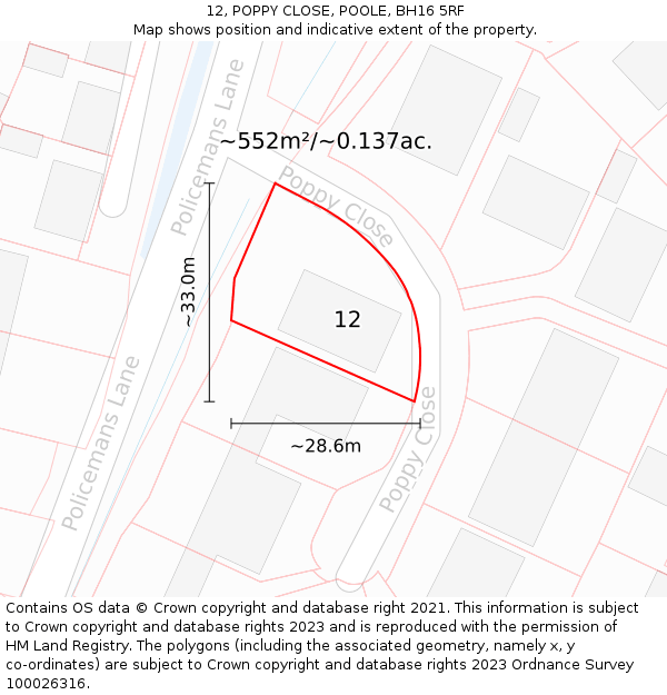 12, POPPY CLOSE, POOLE, BH16 5RF: Plot and title map