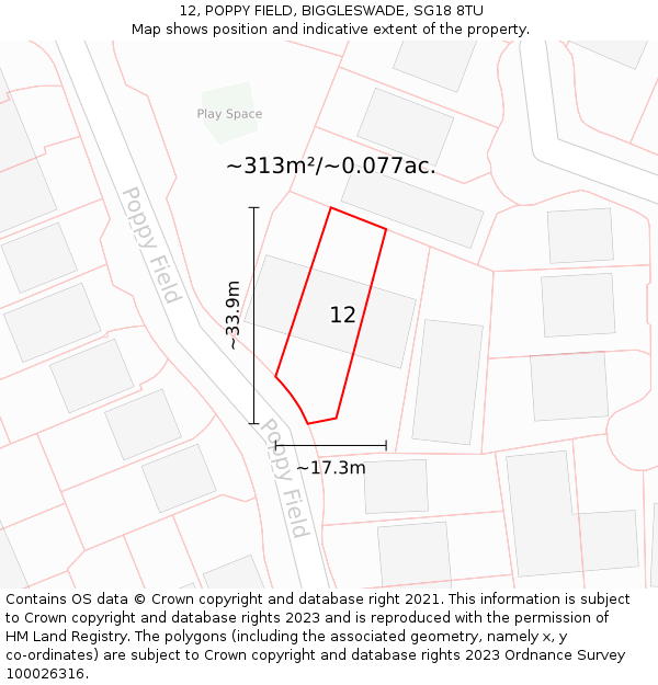 12, POPPY FIELD, BIGGLESWADE, SG18 8TU: Plot and title map