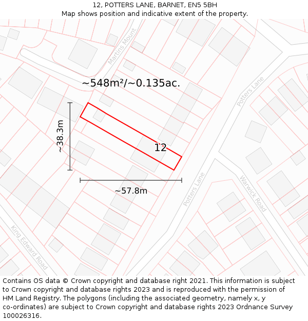 12, POTTERS LANE, BARNET, EN5 5BH: Plot and title map