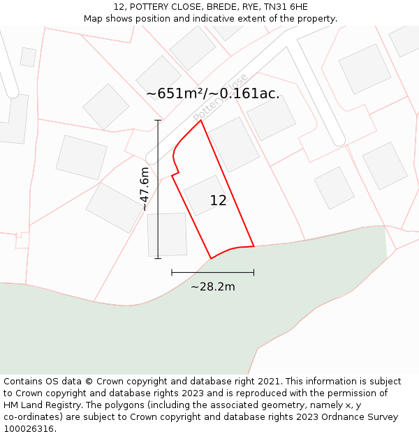 12, POTTERY CLOSE, BREDE, RYE, TN31 6HE: Plot and title map