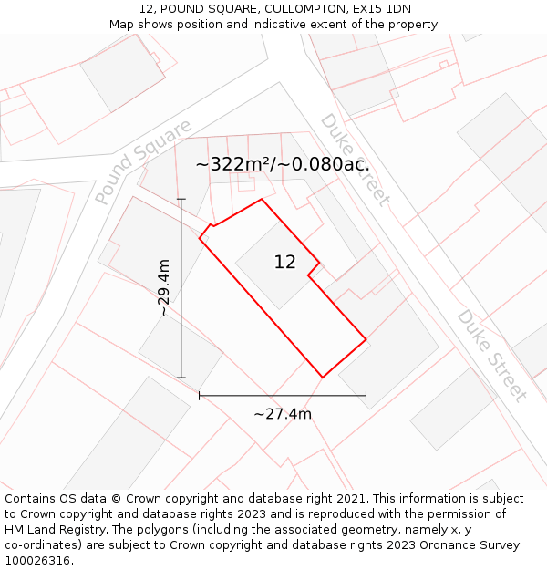 12, POUND SQUARE, CULLOMPTON, EX15 1DN: Plot and title map