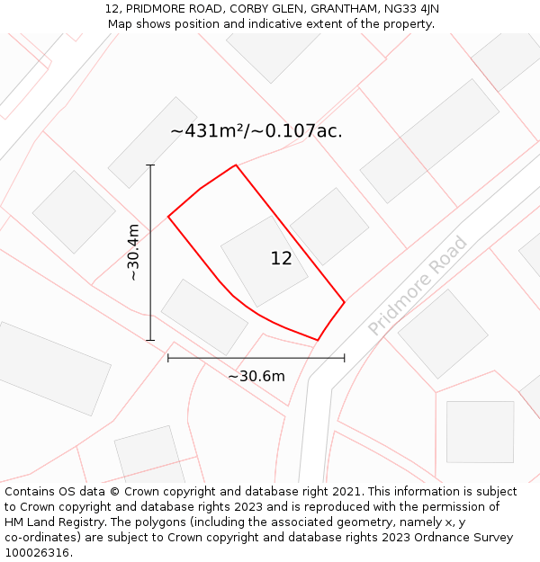 12, PRIDMORE ROAD, CORBY GLEN, GRANTHAM, NG33 4JN: Plot and title map