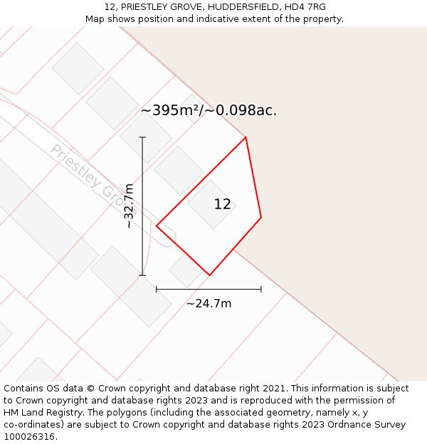 12, PRIESTLEY GROVE, HUDDERSFIELD, HD4 7RG: Plot and title map