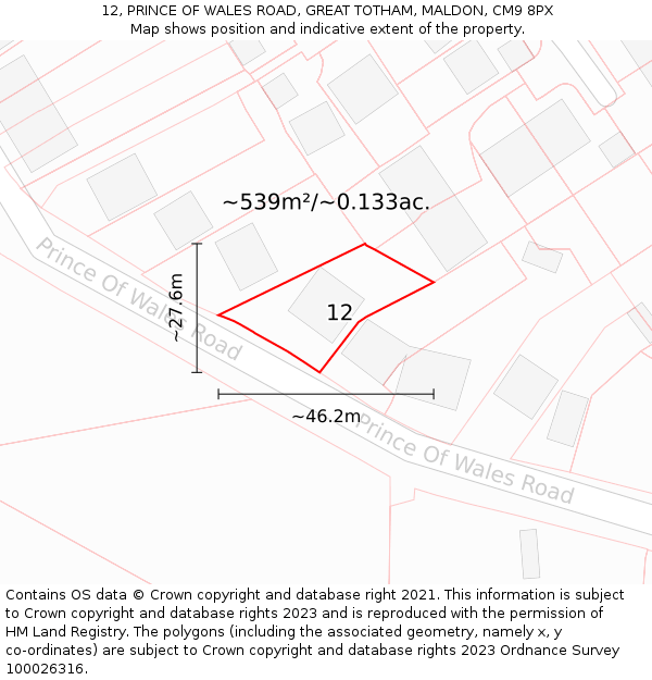 12, PRINCE OF WALES ROAD, GREAT TOTHAM, MALDON, CM9 8PX: Plot and title map