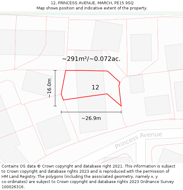 12, PRINCESS AVENUE, MARCH, PE15 9SQ: Plot and title map