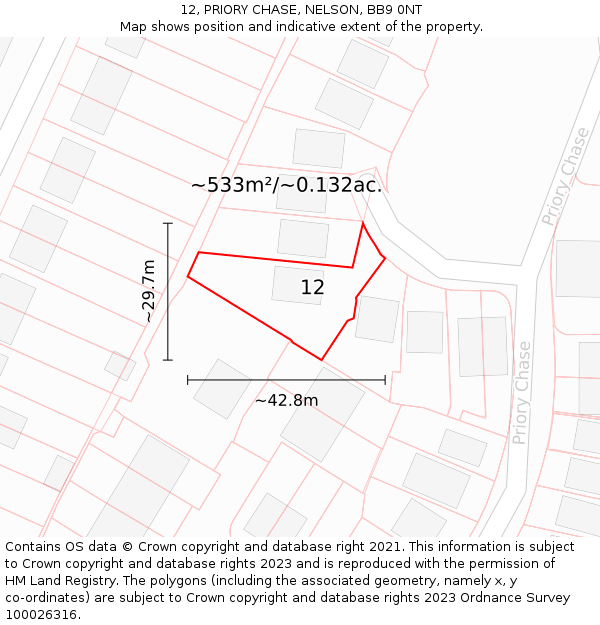 12, PRIORY CHASE, NELSON, BB9 0NT: Plot and title map