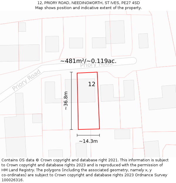 12, PRIORY ROAD, NEEDINGWORTH, ST IVES, PE27 4SD: Plot and title map