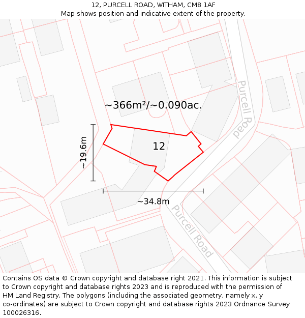 12, PURCELL ROAD, WITHAM, CM8 1AF: Plot and title map