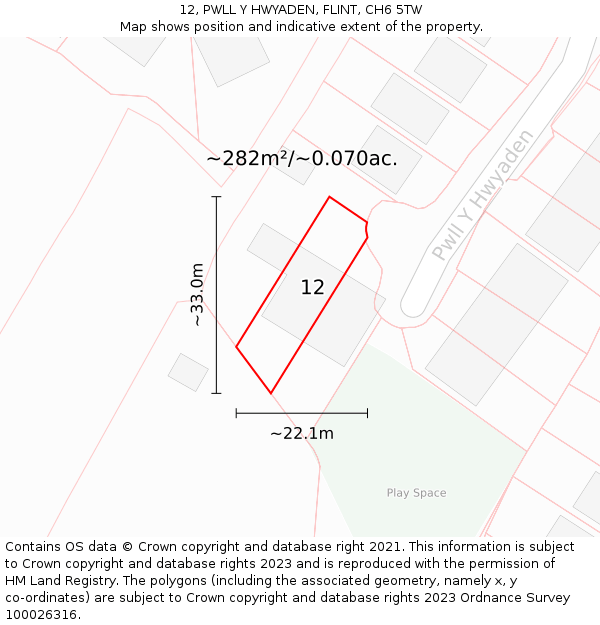 12, PWLL Y HWYADEN, FLINT, CH6 5TW: Plot and title map