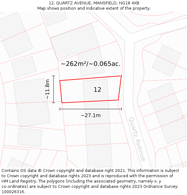 12, QUARTZ AVENUE, MANSFIELD, NG18 4XB: Plot and title map