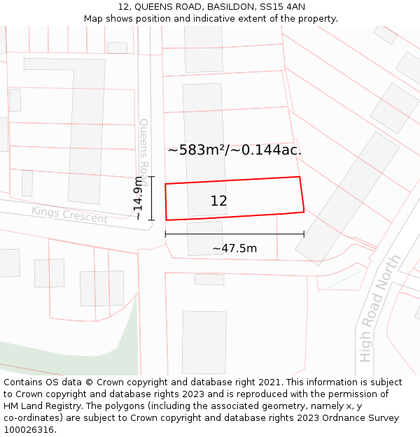 12, QUEENS ROAD, BASILDON, SS15 4AN: Plot and title map