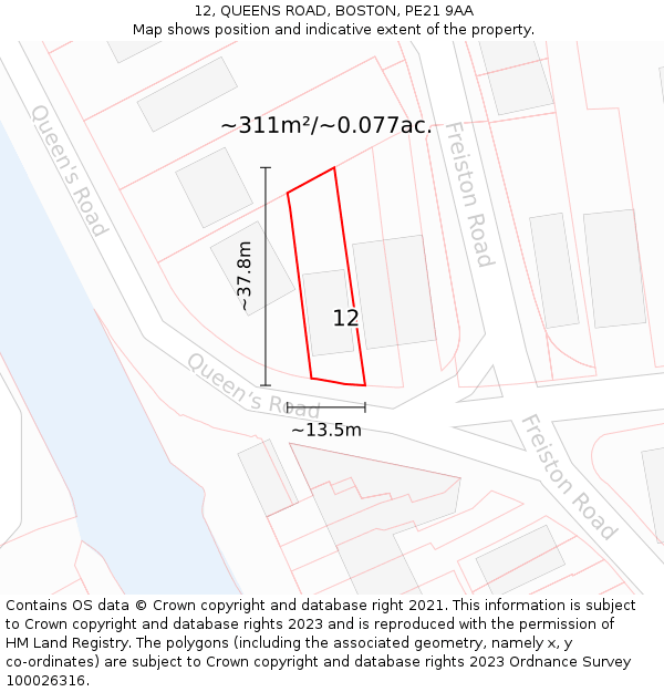 12, QUEENS ROAD, BOSTON, PE21 9AA: Plot and title map