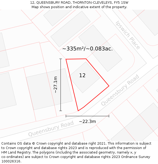 12, QUEENSBURY ROAD, THORNTON-CLEVELEYS, FY5 1SW: Plot and title map