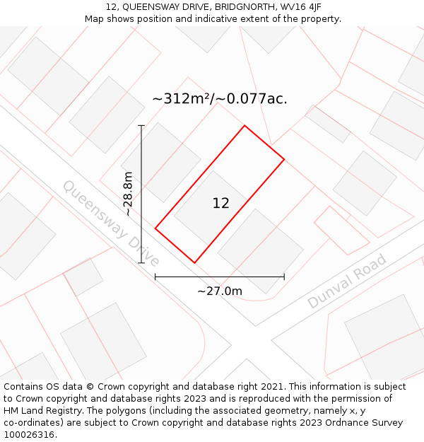 12, QUEENSWAY DRIVE, BRIDGNORTH, WV16 4JF: Plot and title map