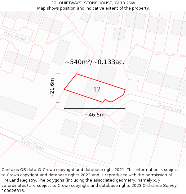 12, QUIETWAYS, STONEHOUSE, GL10 2NW: Plot and title map