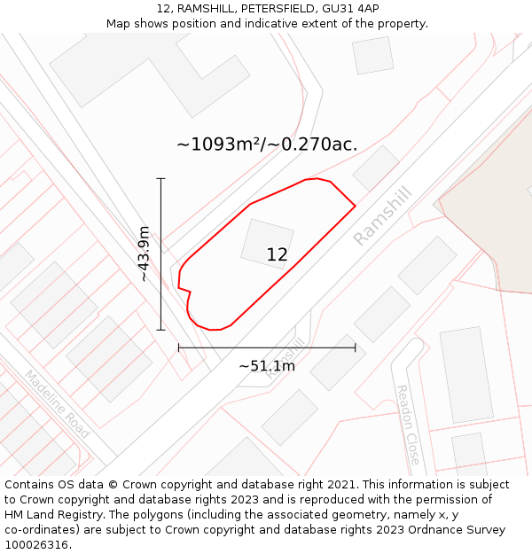 12, RAMSHILL, PETERSFIELD, GU31 4AP: Plot and title map