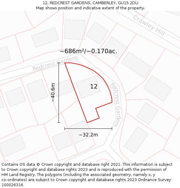 12, REDCREST GARDENS, CAMBERLEY, GU15 2DU: Plot and title map