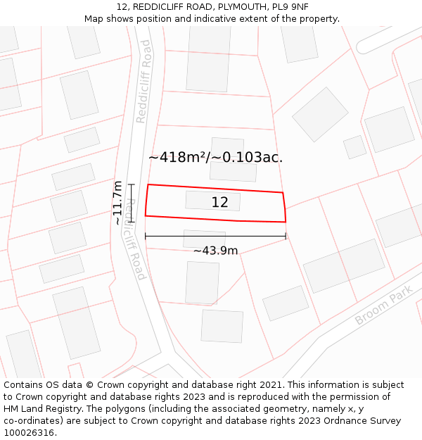 12, REDDICLIFF ROAD, PLYMOUTH, PL9 9NF: Plot and title map