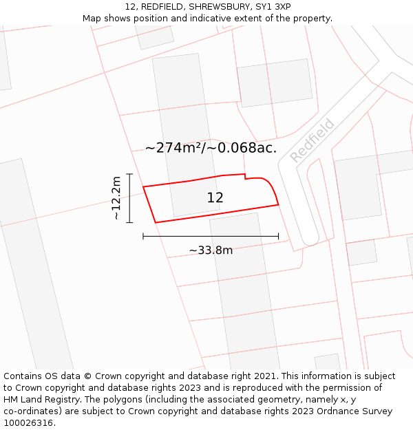 12, REDFIELD, SHREWSBURY, SY1 3XP: Plot and title map