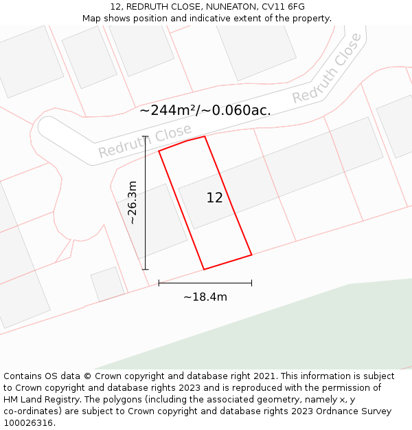 12, REDRUTH CLOSE, NUNEATON, CV11 6FG: Plot and title map