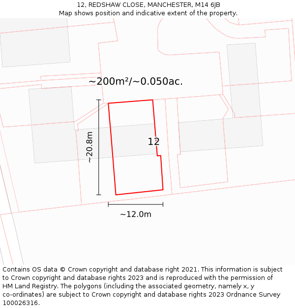 12, REDSHAW CLOSE, MANCHESTER, M14 6JB: Plot and title map