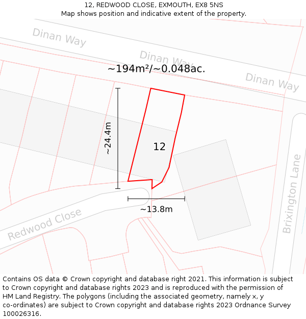 12, REDWOOD CLOSE, EXMOUTH, EX8 5NS: Plot and title map