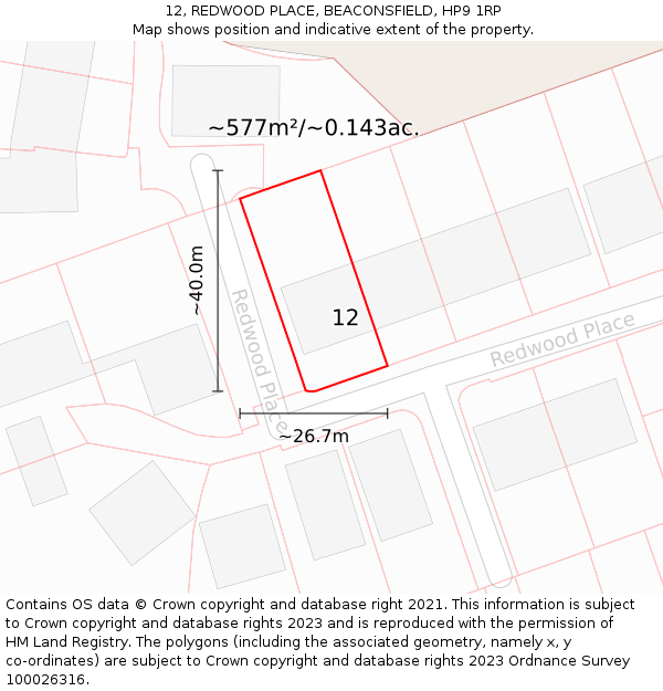 12, REDWOOD PLACE, BEACONSFIELD, HP9 1RP: Plot and title map