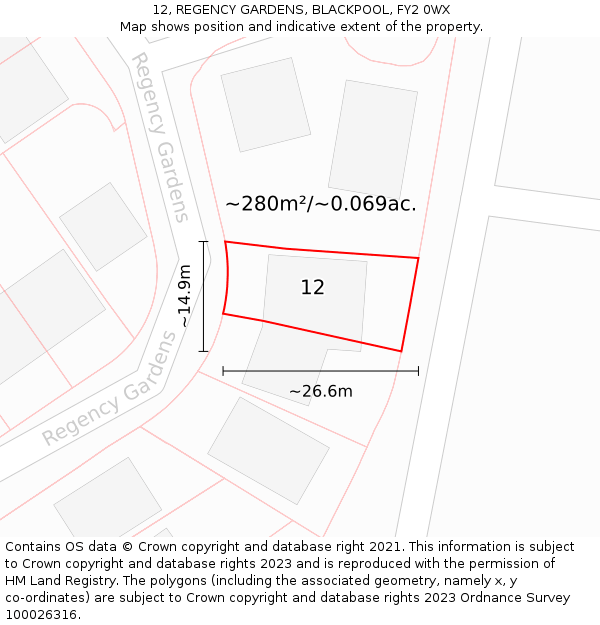 12, REGENCY GARDENS, BLACKPOOL, FY2 0WX: Plot and title map