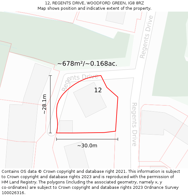 12, REGENTS DRIVE, WOODFORD GREEN, IG8 8RZ: Plot and title map