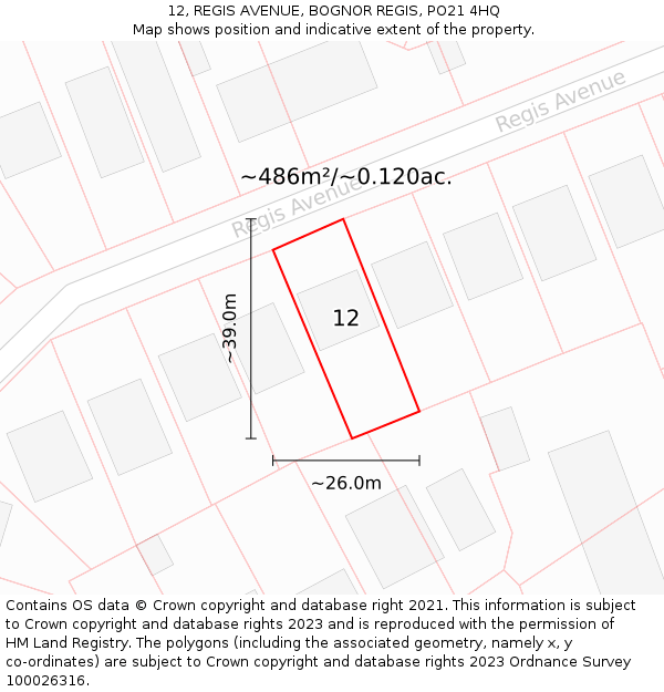 12, REGIS AVENUE, BOGNOR REGIS, PO21 4HQ: Plot and title map