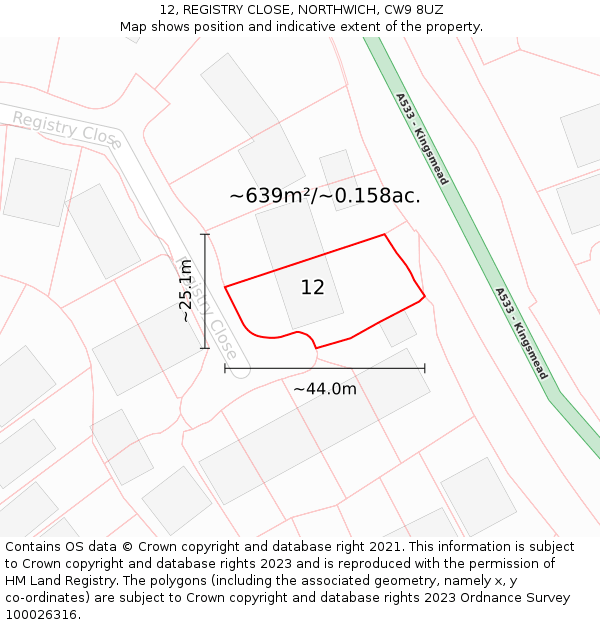 12, REGISTRY CLOSE, NORTHWICH, CW9 8UZ: Plot and title map