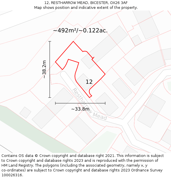12, RESTHARROW MEAD, BICESTER, OX26 3AF: Plot and title map