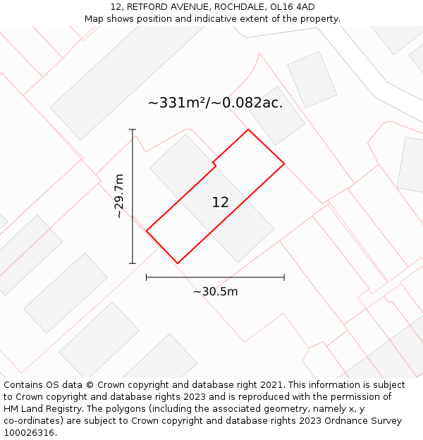 12, RETFORD AVENUE, ROCHDALE, OL16 4AD: Plot and title map