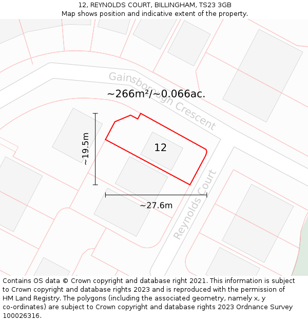 12, REYNOLDS COURT, BILLINGHAM, TS23 3GB: Plot and title map