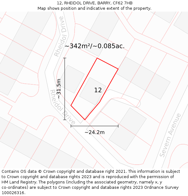 12, RHEIDOL DRIVE, BARRY, CF62 7HB: Plot and title map