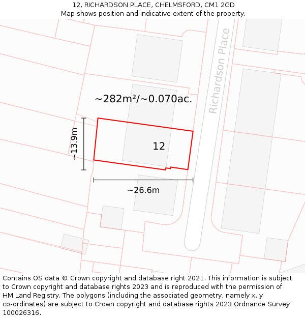 12, RICHARDSON PLACE, CHELMSFORD, CM1 2GD: Plot and title map