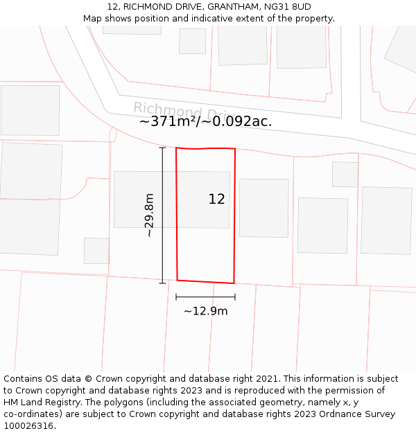 12, RICHMOND DRIVE, GRANTHAM, NG31 8UD: Plot and title map