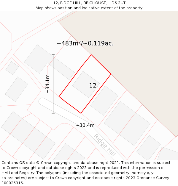 12, RIDGE HILL, BRIGHOUSE, HD6 3UT: Plot and title map