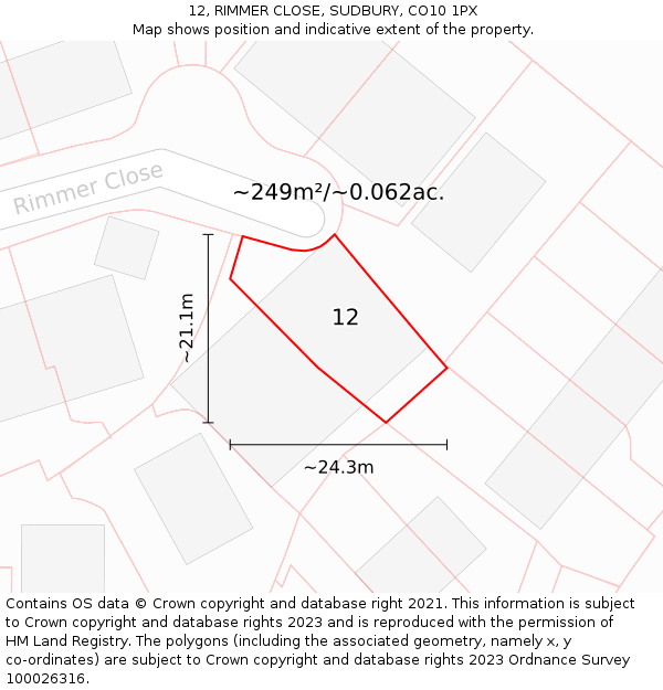 12, RIMMER CLOSE, SUDBURY, CO10 1PX: Plot and title map