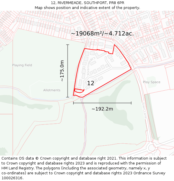 12, RIVERMEADE, SOUTHPORT, PR8 6PR: Plot and title map