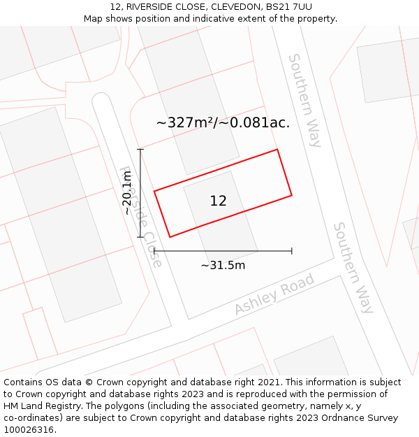 12, RIVERSIDE CLOSE, CLEVEDON, BS21 7UU: Plot and title map