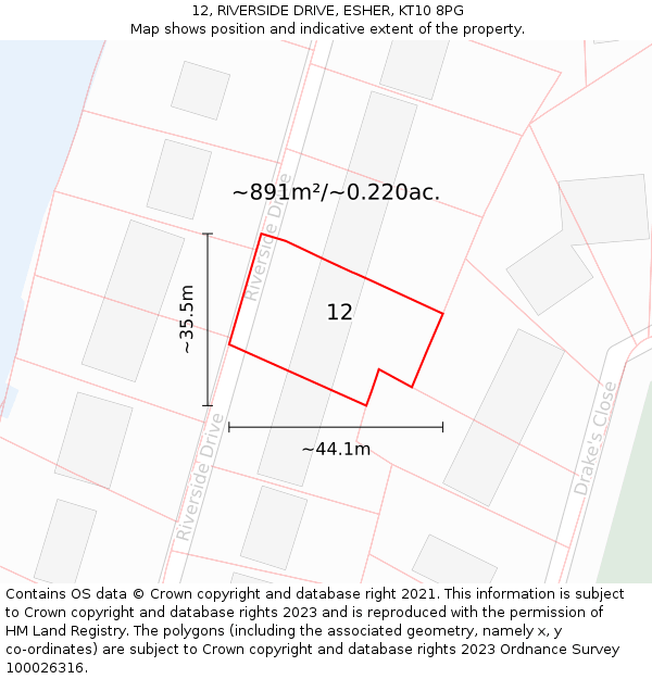 12, RIVERSIDE DRIVE, ESHER, KT10 8PG: Plot and title map