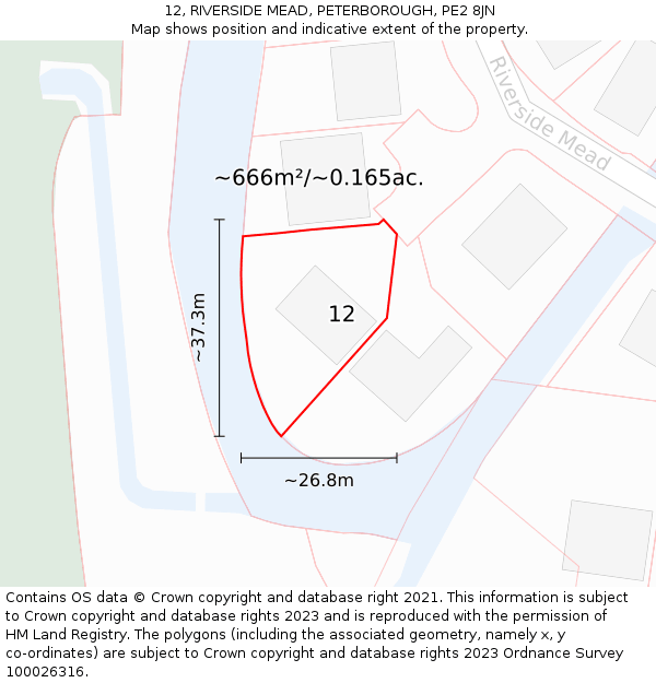 12, RIVERSIDE MEAD, PETERBOROUGH, PE2 8JN: Plot and title map